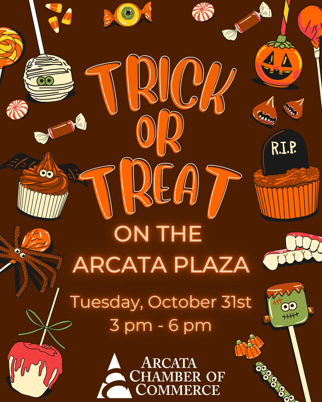 Flyer for Trick or Treat on the Arcata Plaza 2023